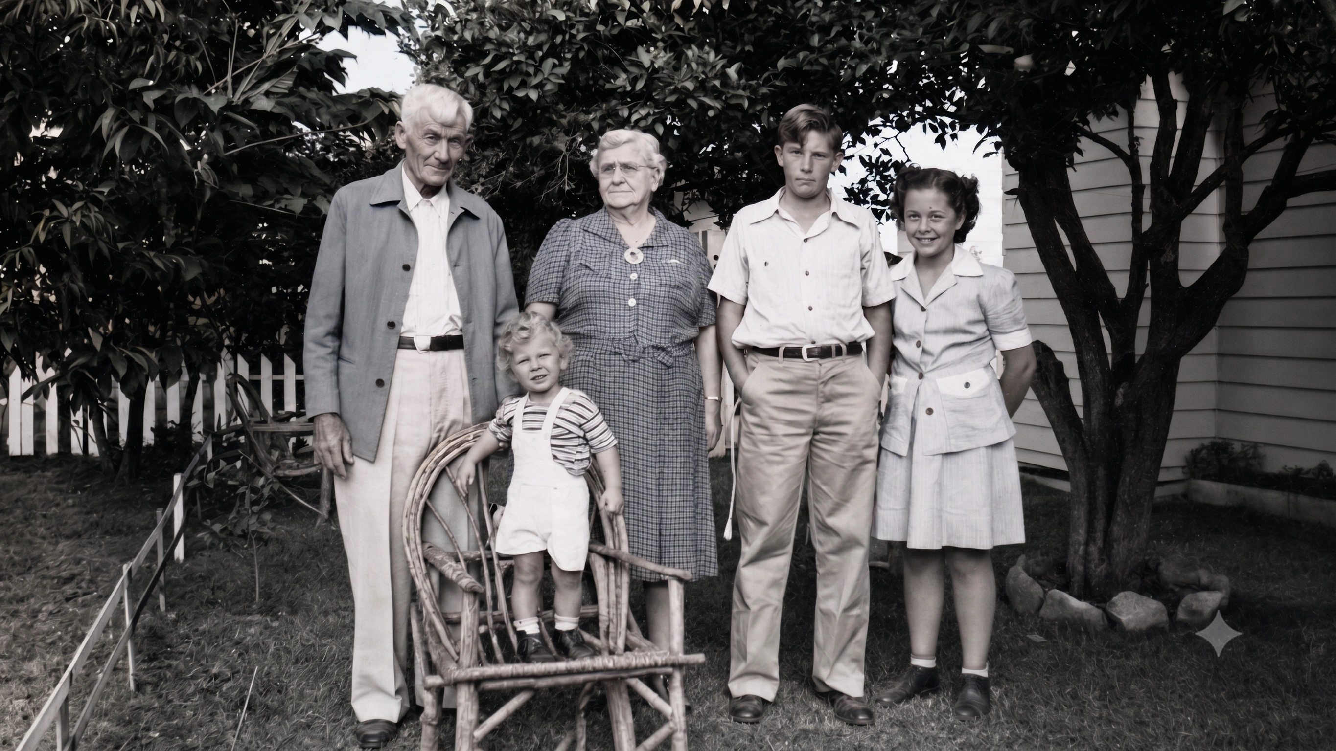 Original black-and-white portrait of five family members standing together beneath a garden tree.