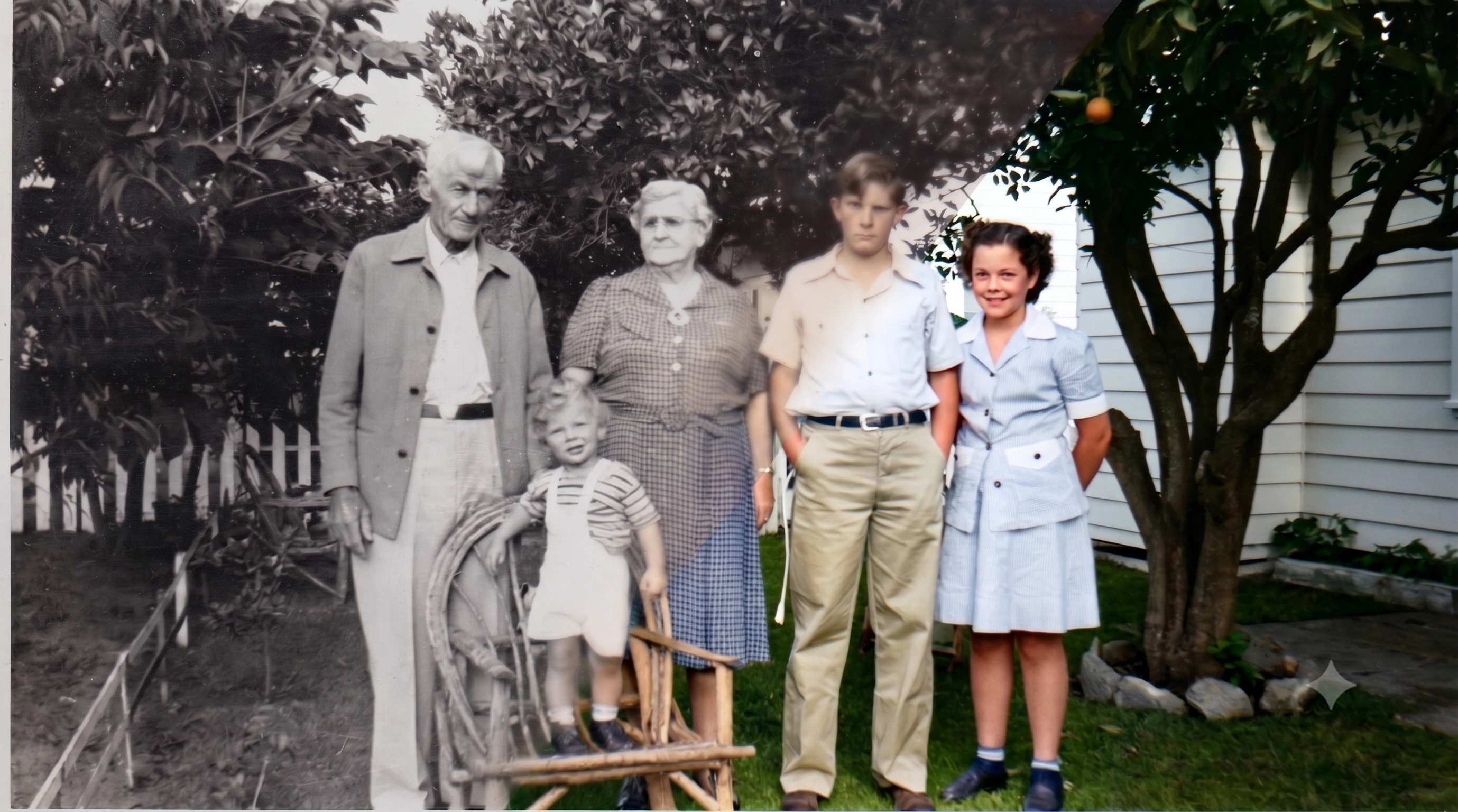 A restored family photograph blends a black-and-white original with a colourized version.