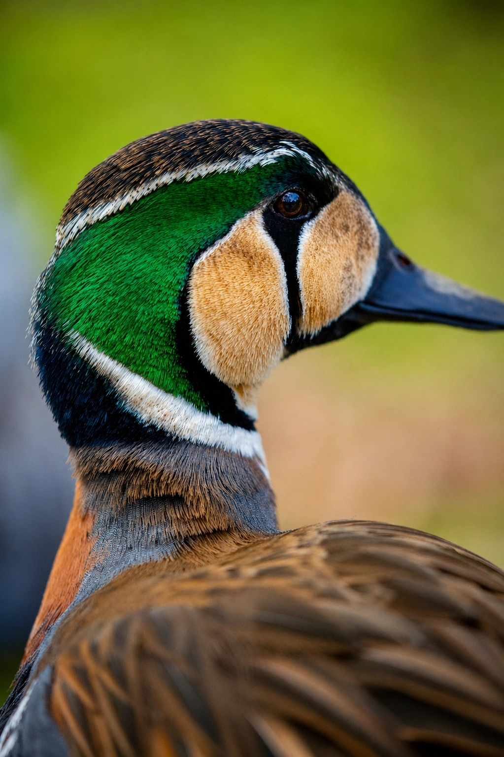 Original close-up portrait of a green, cream and black duck against a softly blurred background.