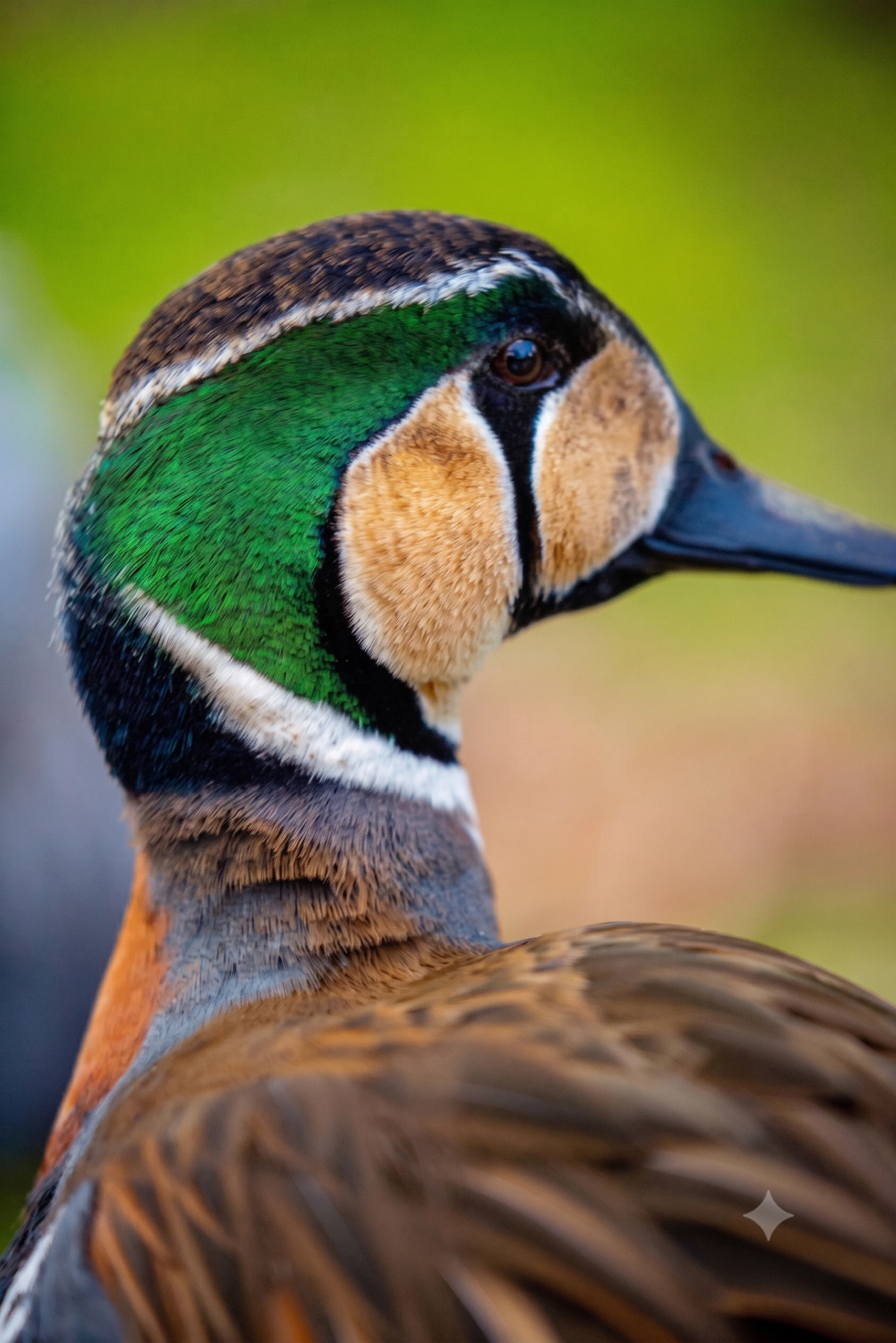 Restored close-up portrait of a green, cream and black duck with sharper detail and balanced colour.
