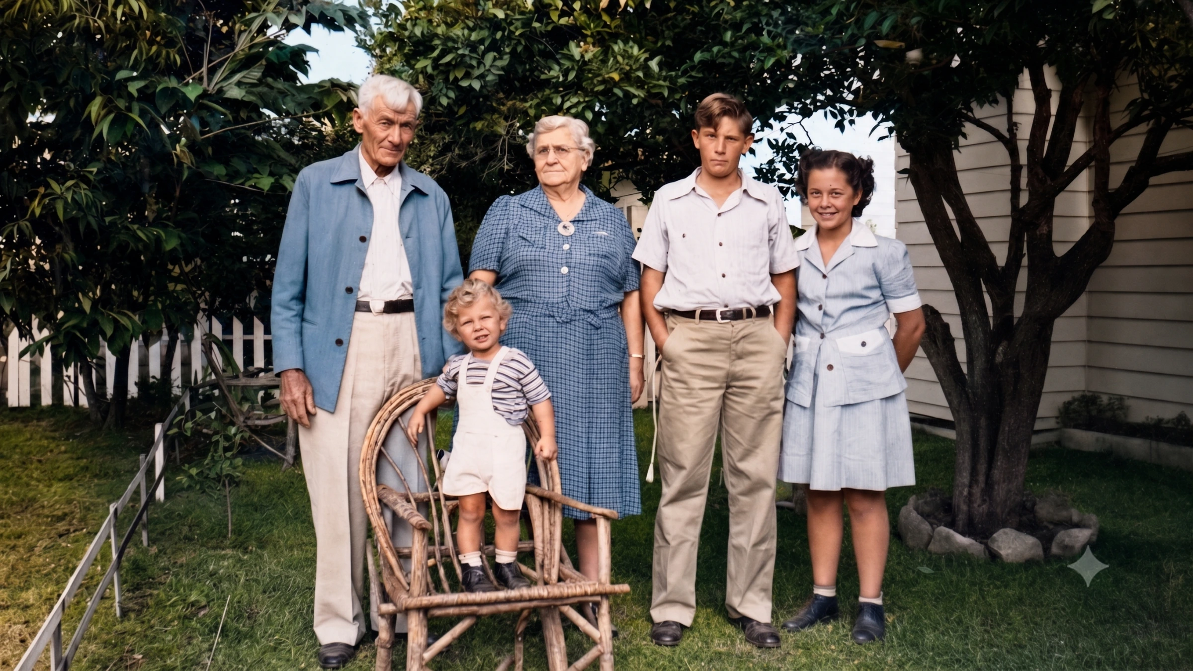 Restored colour portrait of five family members standing together beneath a garden tree.